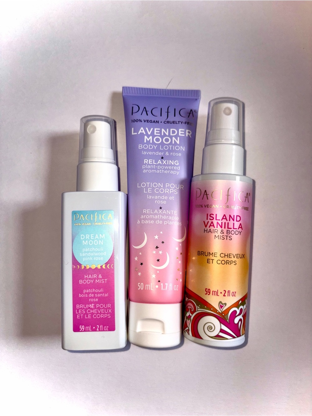 Pacifica trio: Dream Moon Spray, Island Vanilla Spray, Lavender Moon Lotion NEW